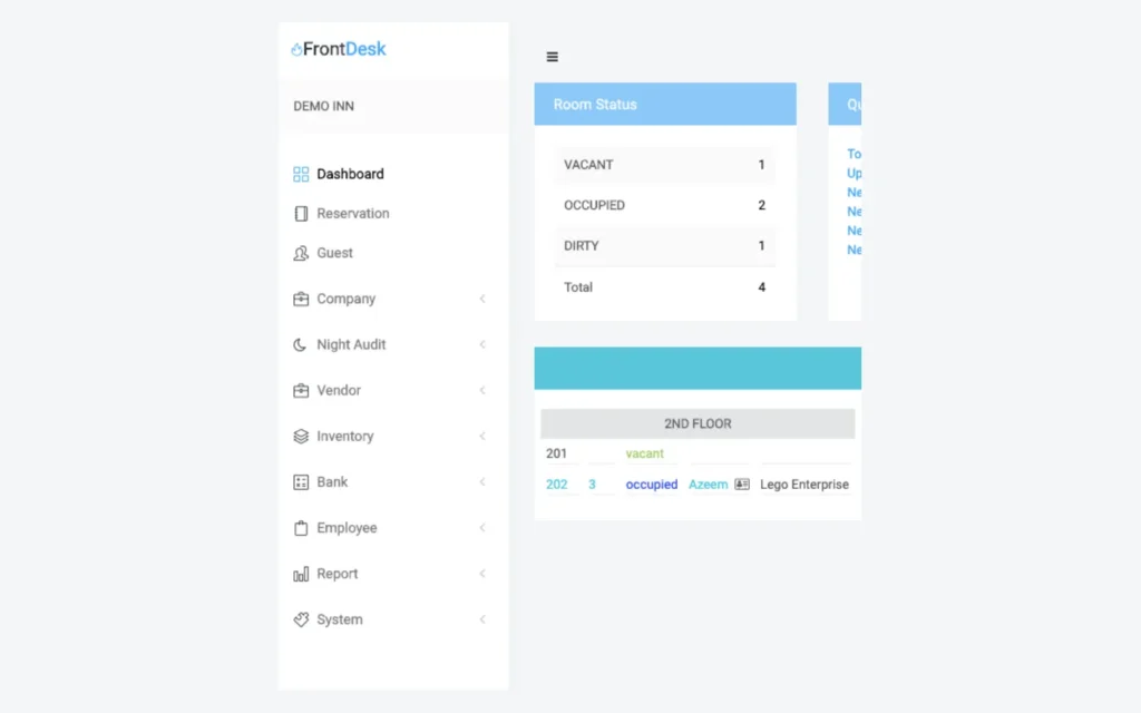 FrontDesk hotel dashboard showing room status